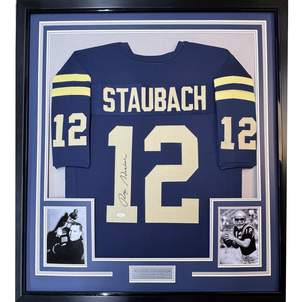 Framed Autographed/Signed Roger Staubach 35x39 Navy Midshipmen Blue College Football Jersey JSA COA
