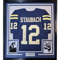 Framed Autographed/Signed Roger Staubach 35x39 Navy Midshipmen Blue College Football Jersey JSA COA