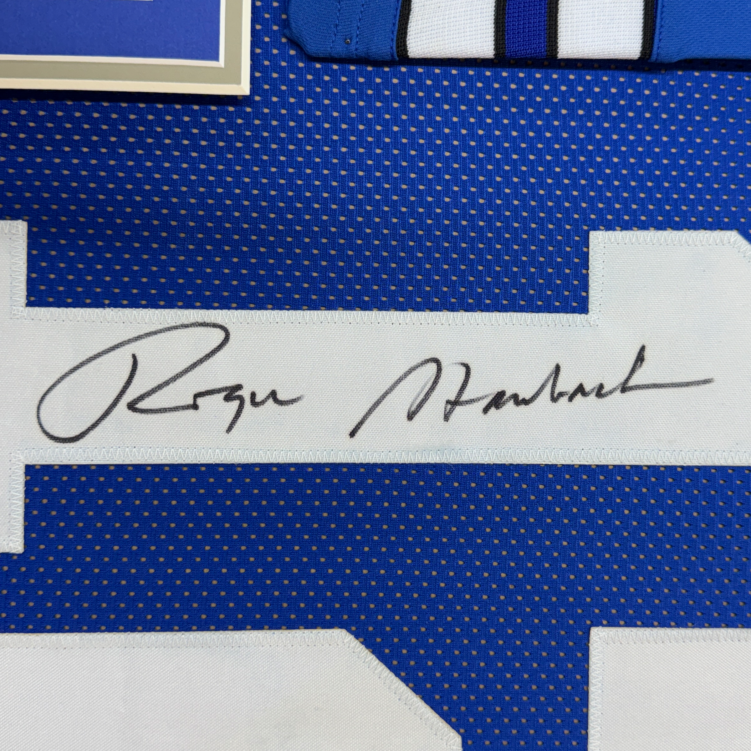 Framed Autographed/Signed Roger Staubach 35x39 Dallas Blue Football Jersey Beckett BAS COA