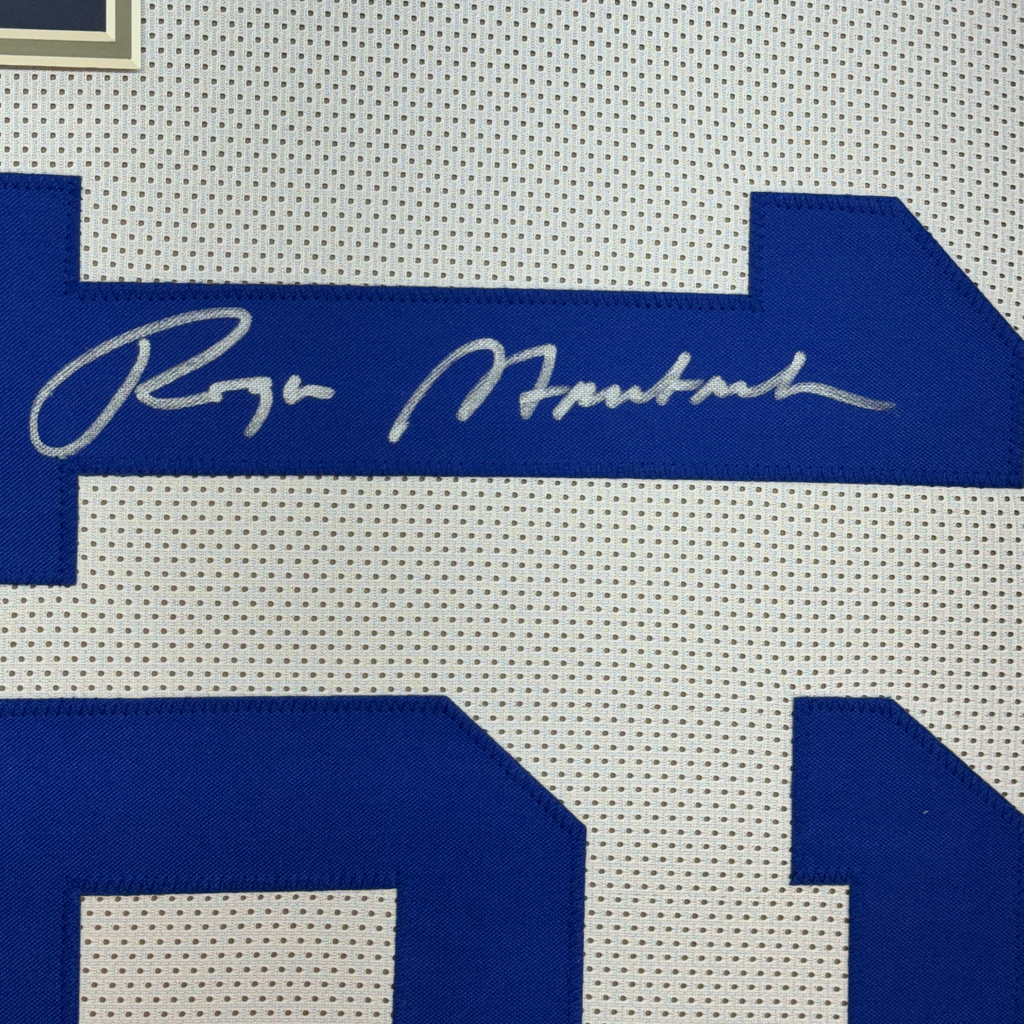 Framed Autographed/Signed Roger Staubach 35x39 Dallas White Football Jersey Beckett BAS COA