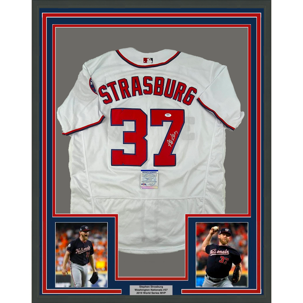 Framed Autographed/Signed Stephen Strasburg 35x39 Washington White Baseball Jersey PSA/DNA COA