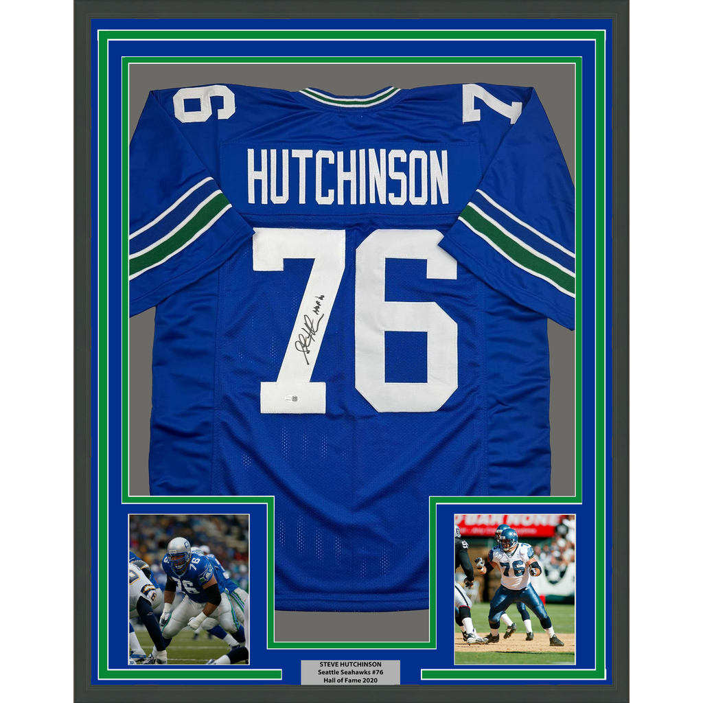 Framed Autographed/Signed Steve Hutchinson HOF 20 35x39 Seattle Blue Football Jersey JSA COA