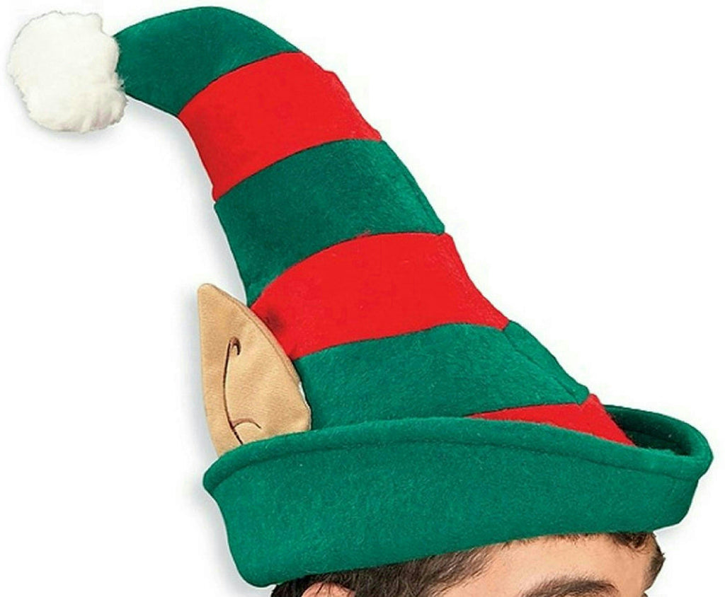 Red and Green Striped Christmas Elf Hat with Ears and Pom Pom