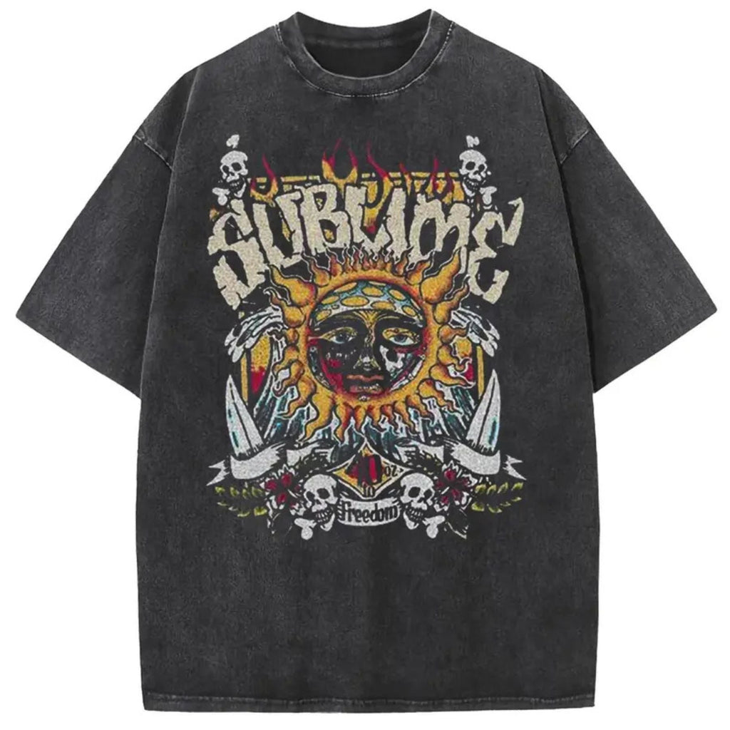 Sun Pattern Acid Washed T-Shirt – Oversized Unisex Vintage Graphic Tee