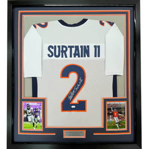 Framed Autographed/Signed Patrick Surtain II 35x39 Denver White Football Jersey JSA COA