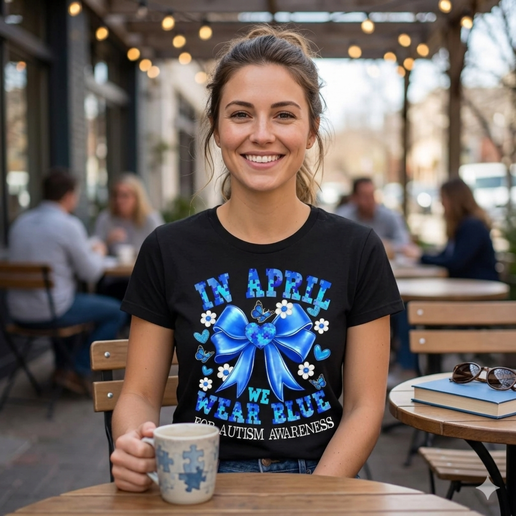 Sweet Coquette Bow Autism Awareness Tee – "In April We Wear Blue" Aesthetic Shirt