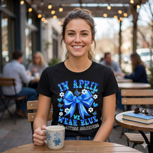 Sweet Coquette Bow Autism Awareness Tee – "In April We Wear Blue" Aesthetic Shirt