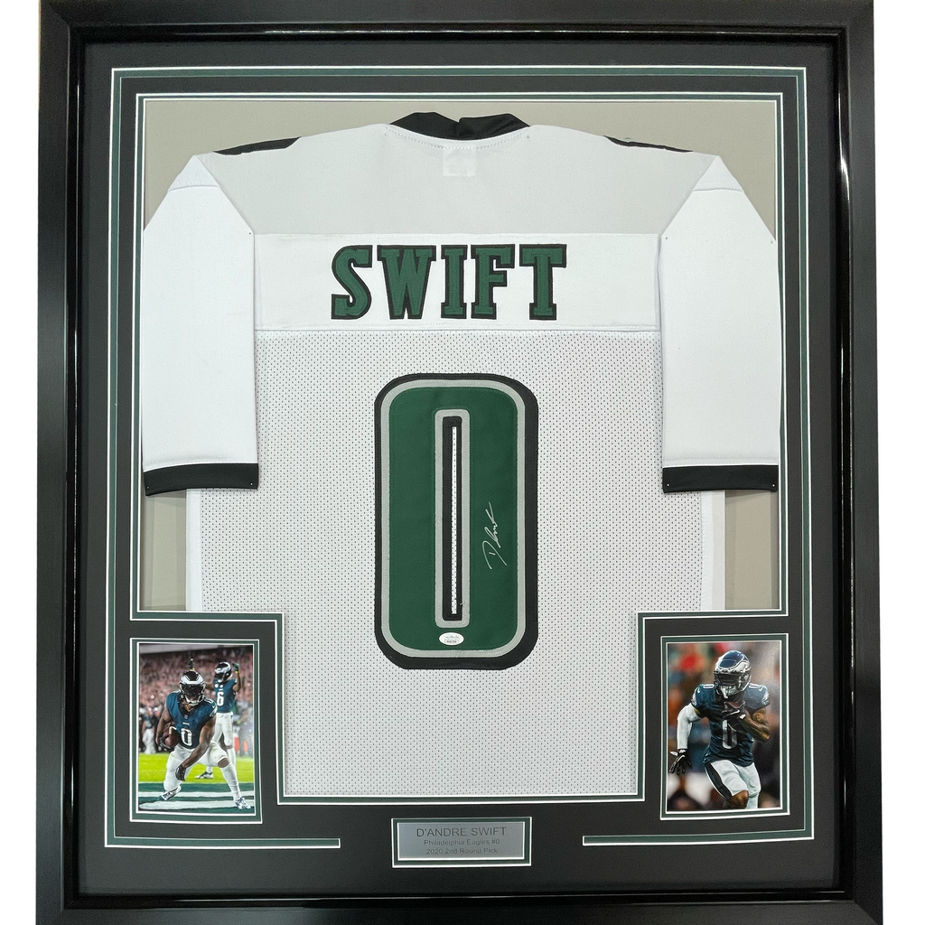 Framed Autographed/Signed D'Andre Swift 35x39 Philadelphia White Football Jersey JSA COA
