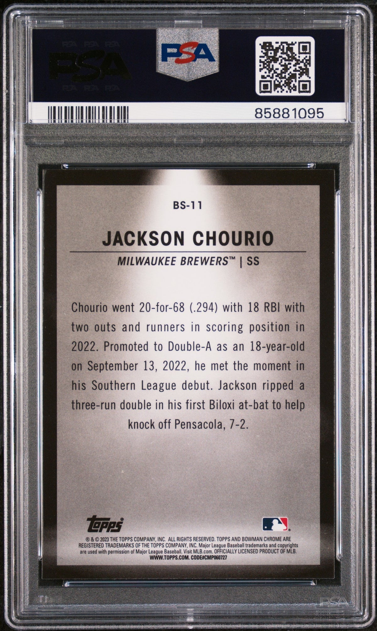 Graded 2023 Topps Bowman Jackson Chourio #BS11 Spotlights Rookie RC Baseball Card PSA 10 Gem Mint