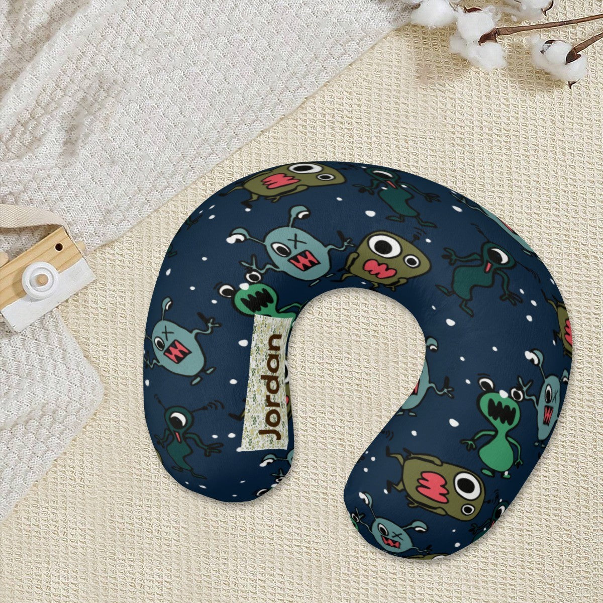 Personalized Monster Print Kids Travel Neck Pillow | Custom Name Gift