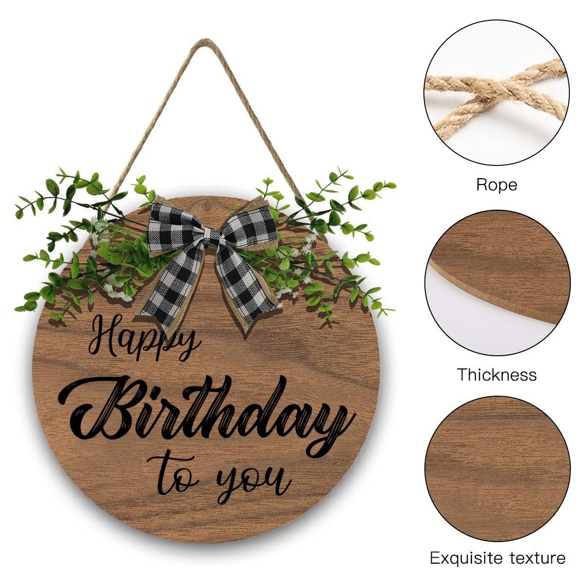 Wooden Happy Birthday Sign with Linen Lanyard, Bow & Branch