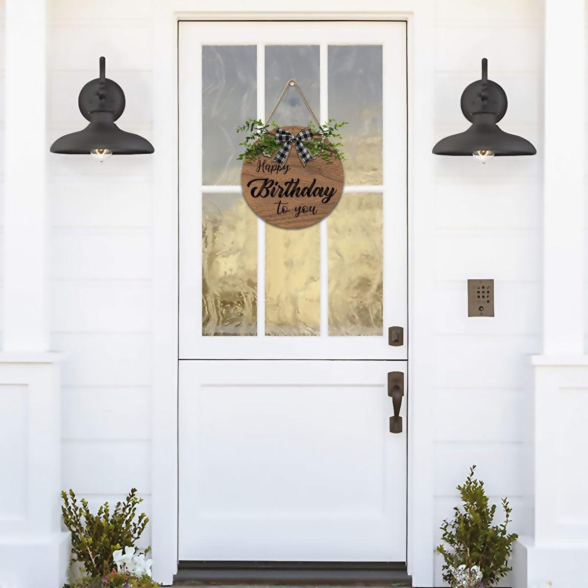 Wooden Happy Birthday Sign with Linen Lanyard, Bow & Branch