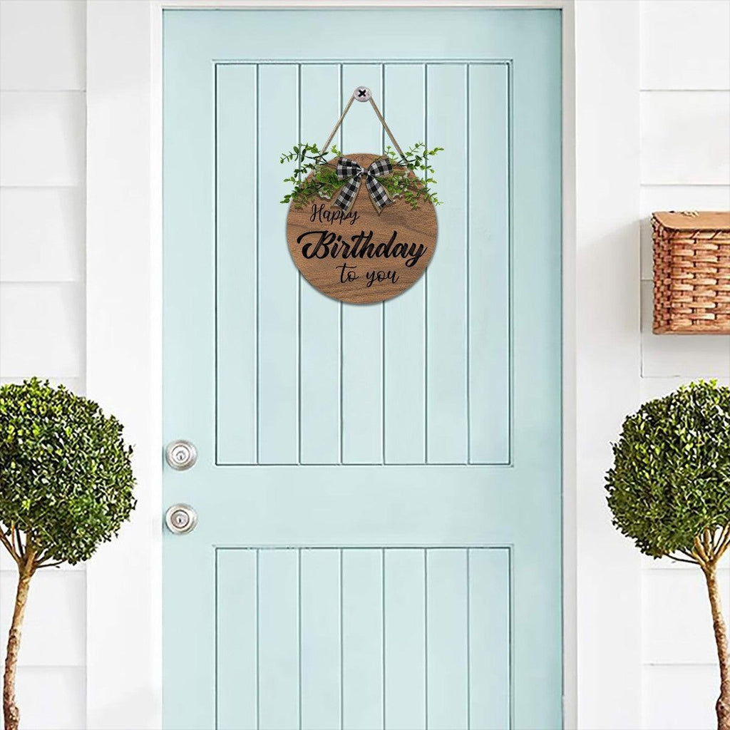 Wooden Happy Birthday Sign with Linen Lanyard, Bow & Branch