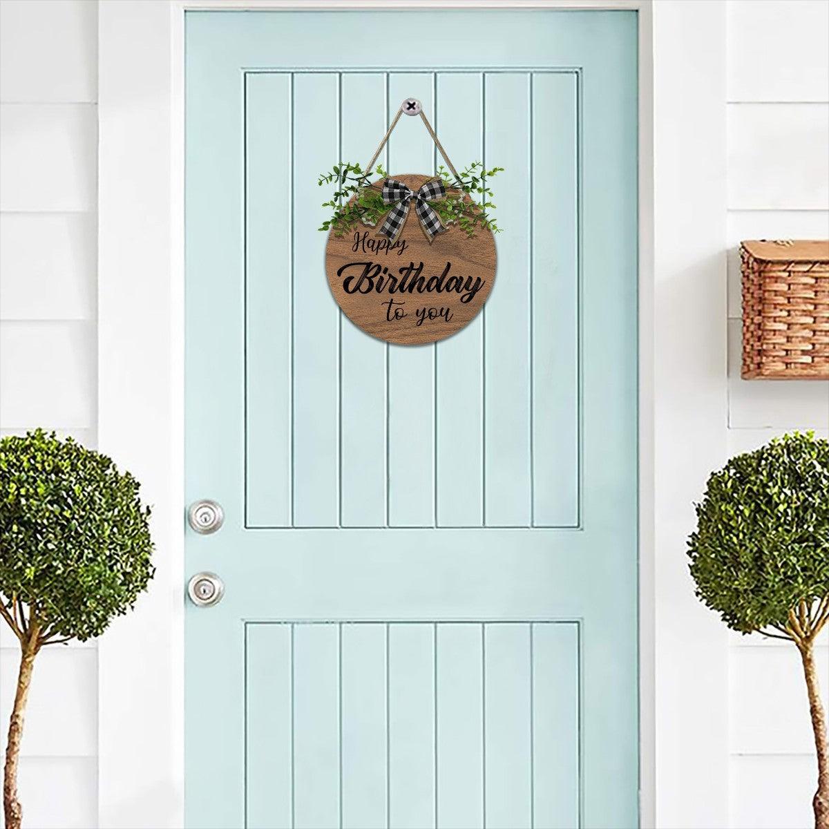 Wooden Happy Birthday Sign with Linen Lanyard, Bow & Branch
