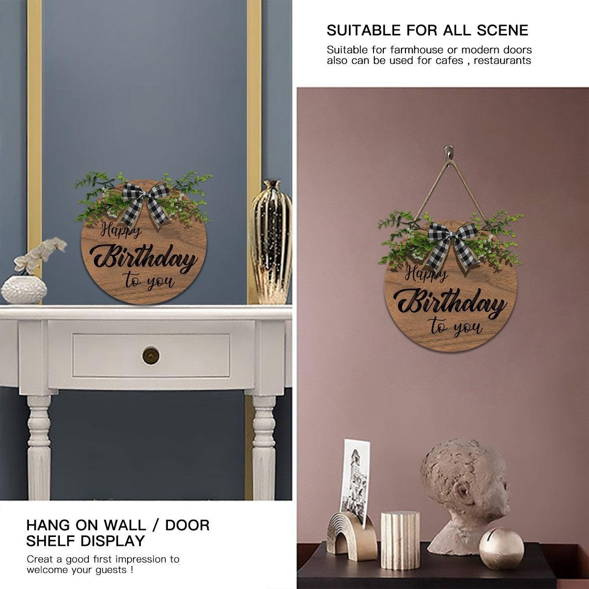 Wooden Happy Birthday Sign with Linen Lanyard, Bow & Branch