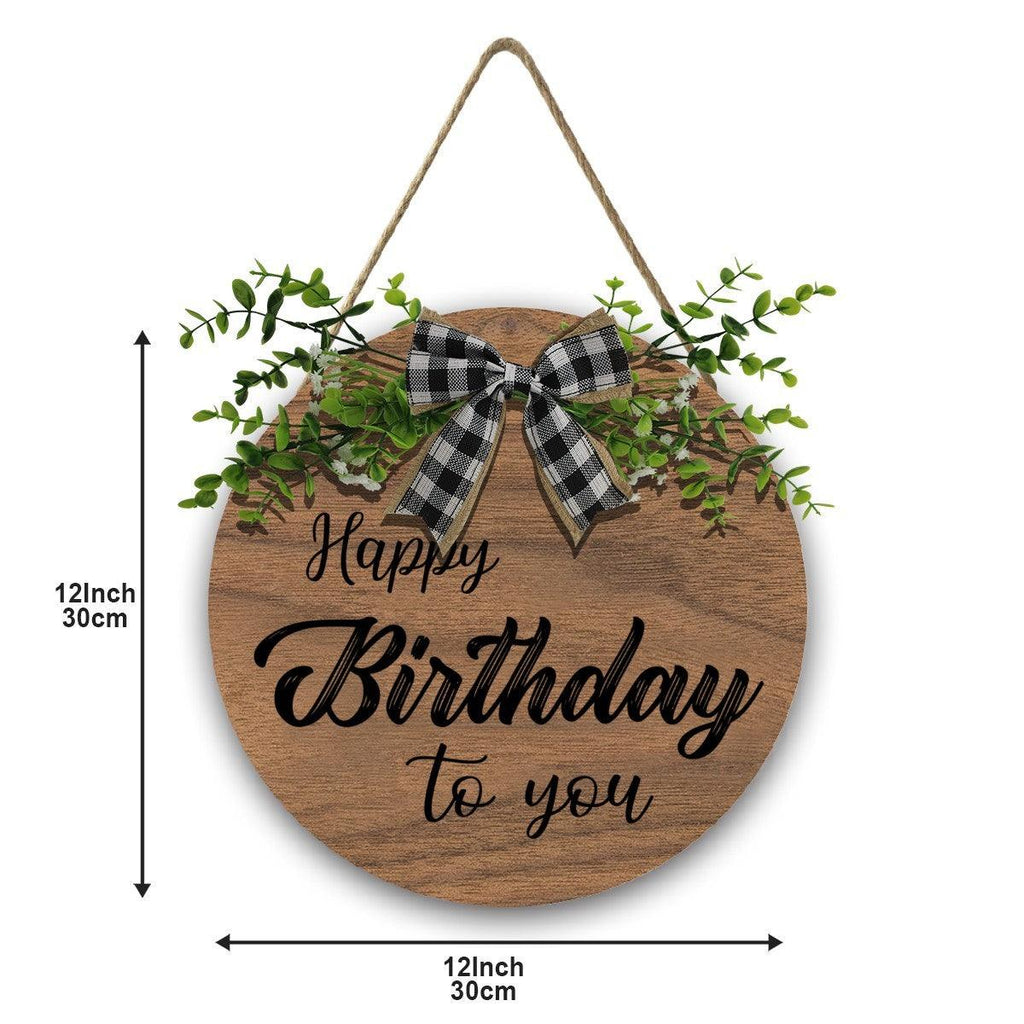 Wooden Happy Birthday Sign with Linen Lanyard, Bow & Branch