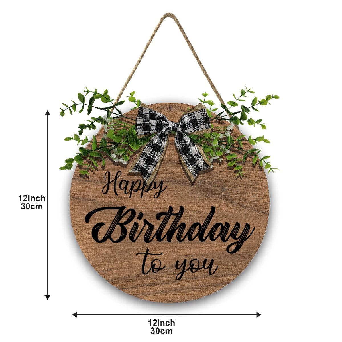 Wooden Happy Birthday Sign with Linen Lanyard, Bow & Branch