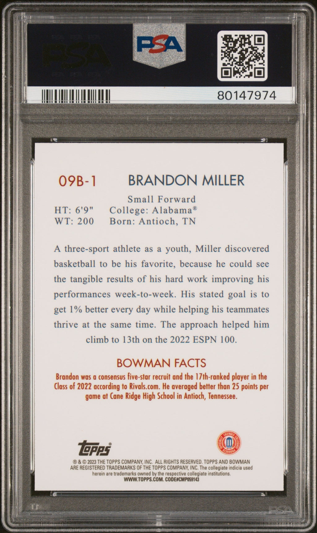 Graded 2022 Topps Bowman University Brandon Miller #09B1 2009 Bowman Rookie RC Basketball Card PSA 10 Gem Mint