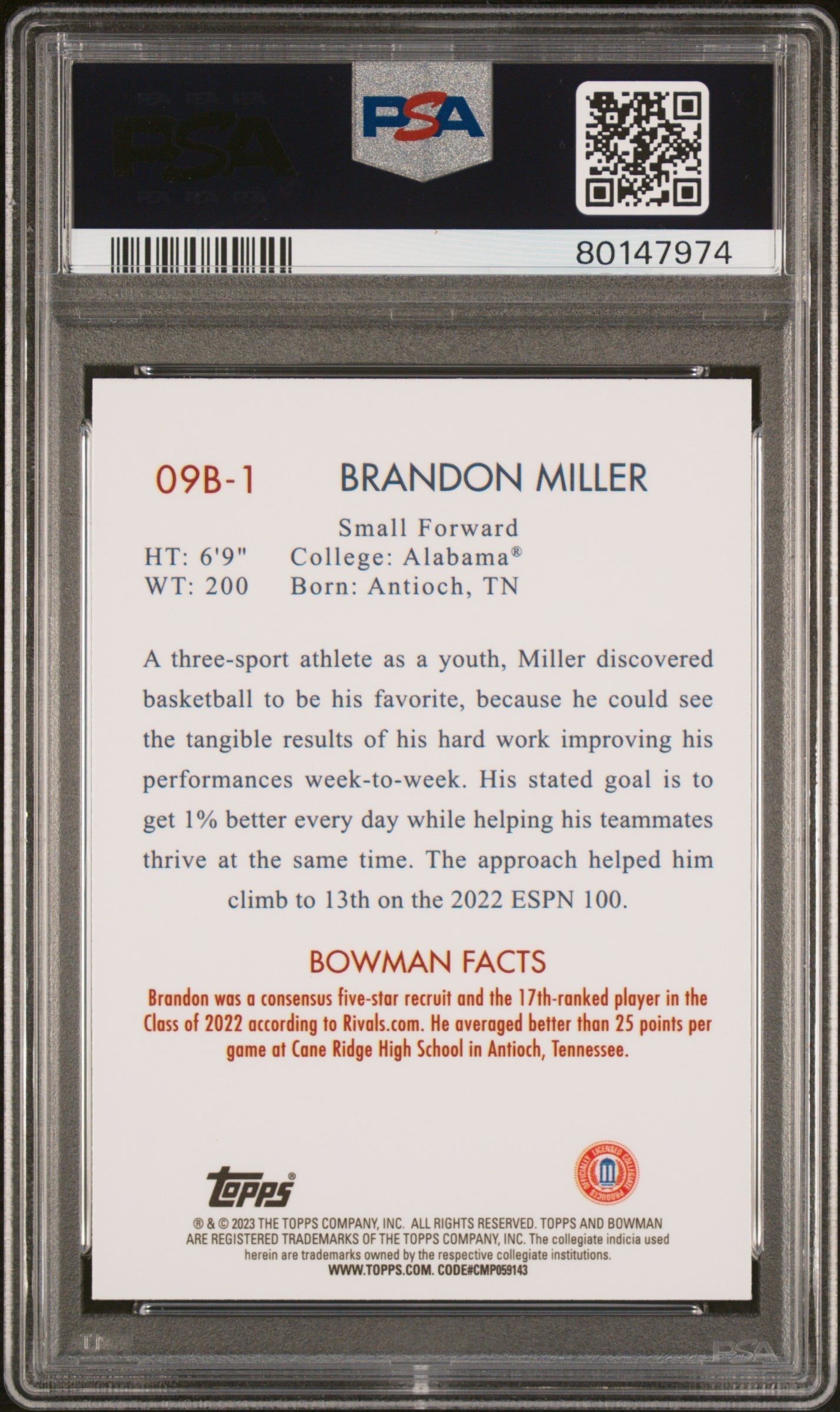 Graded 2022 Topps Bowman University Brandon Miller #09B1 2009 Bowman Rookie RC Basketball Card PSA 10 Gem Mint