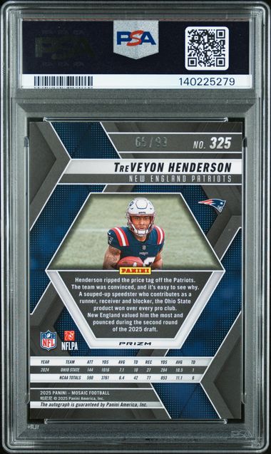 Graded 2025 Panini Mosaic TreVeyon Henderson #325 /99 Blue Autograph Rookie RC Football Card PSA 10 Gem Mint