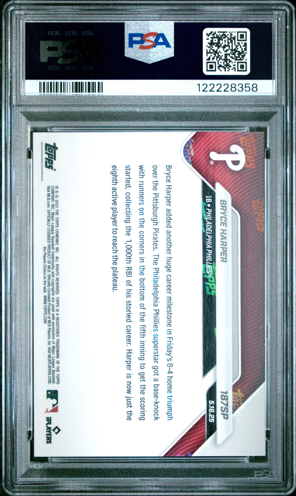 Graded 2025 Topps Now Bryce Harper #187SP Baseball Card PSA 8 Near Mint