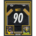 Framed Autographed/Signed T.J. Watt 35x39 Pittsburgh Black Football Jersey Beckett BAS COA
