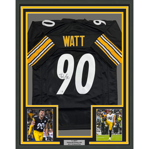 Framed Autographed/Signed T.J. Watt 35x39 Pittsburgh Black Football Jersey Beckett BAS COA