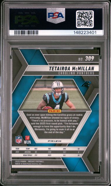 Graded 2025 Panini Mosaic Tetairoa McMillan #309 Purple Scope Rookie RC Football Card PSA 10 Gem Mint