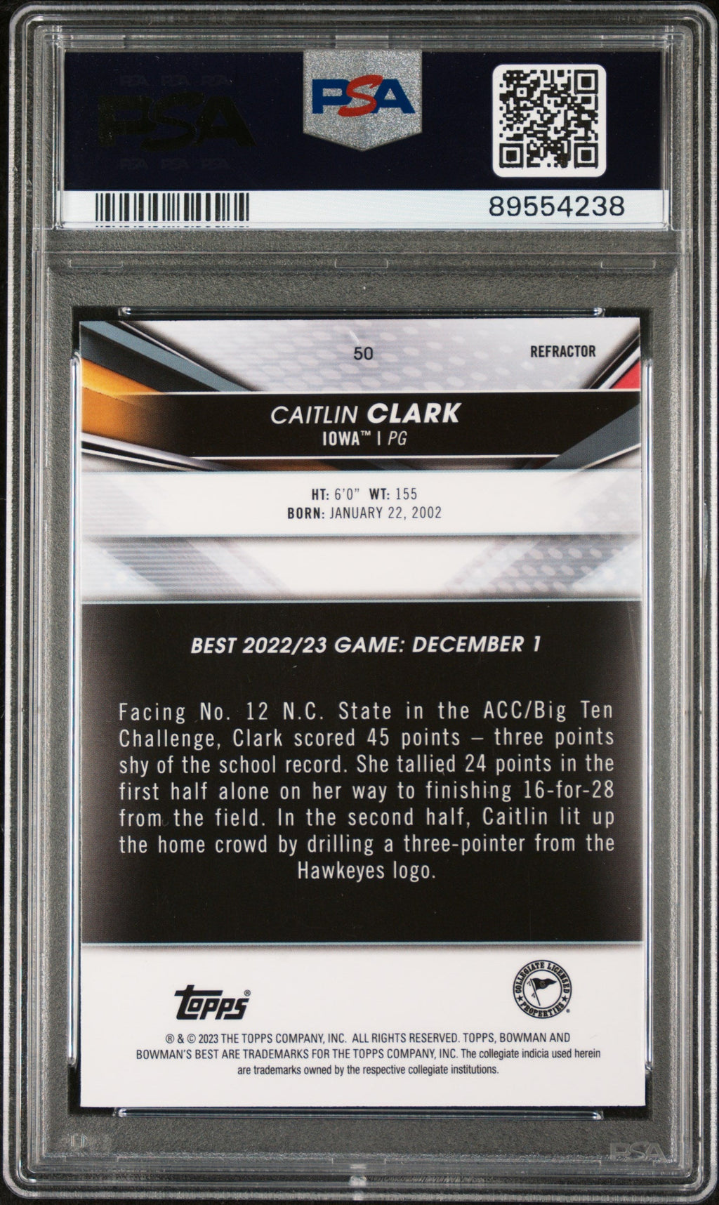 Graded 2022 Topps Bowman University Best Caitlin Clark #50 Refractor Rookie RC Basketball Card PSA 8 Near Mint