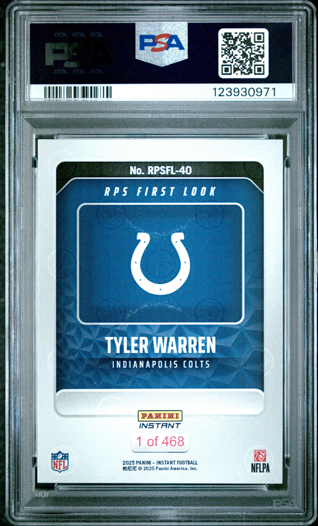 Graded 2025 Panini Instant Tyler Warren #RPSFL40 RPS First Look Rookie RC Football Card PSA 8 Near Mint