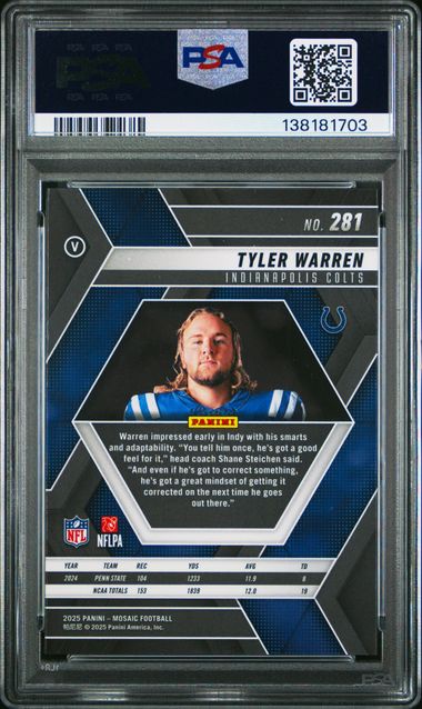 Graded 2025 Mosaic Tyler Warren #281 Variation Rookie RC Football Card PSA 10 Gem Mint