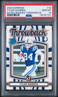 Graded 2025 Panini Donruss Tyler Warren #12 Rated Rookies Throwback Rookie RC Football Card PSA 10 Gem Mint