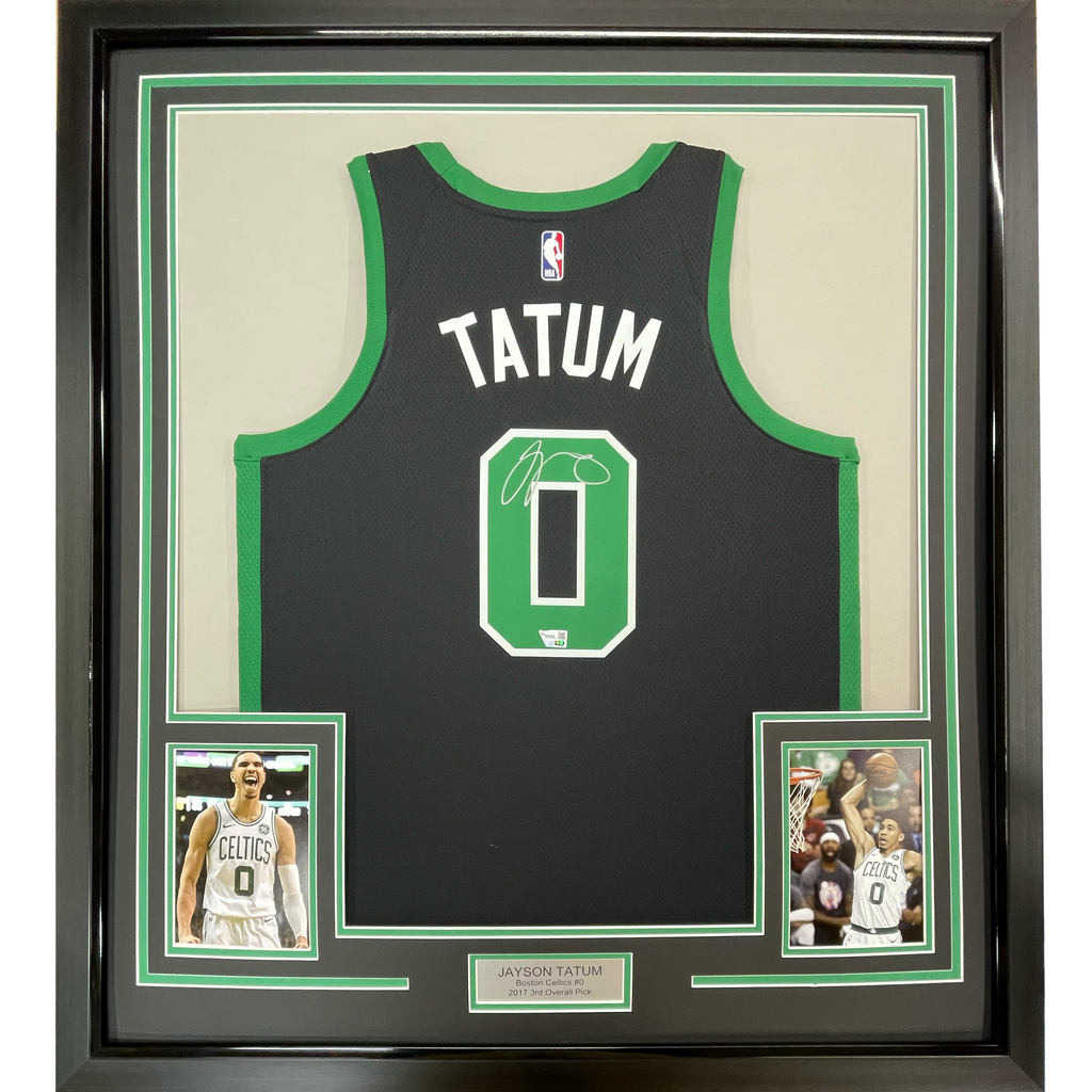 Framed Autographed/Signed Jayson Tatum 35x39 Boston Celtics Black Authentic Swingman Basketball Jersey Fanatics COA