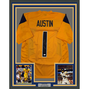 Framed Autographed/Signed Tavon Austin 35x39 West Virginia Yellow College Football Jersey JSA COA