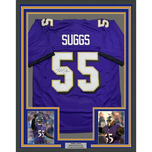 Framed Autographed/Signed Terrell Suggs 35x39 Baltimore Purple Football Jersey JSA COA #2