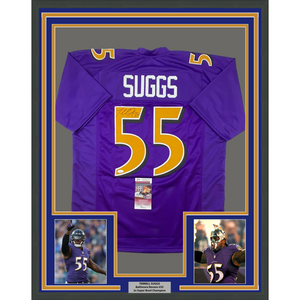 Framed Autographed/Signed Terrell Suggs 35x39 Baltimore Color Rush Football Jersey JSA COA