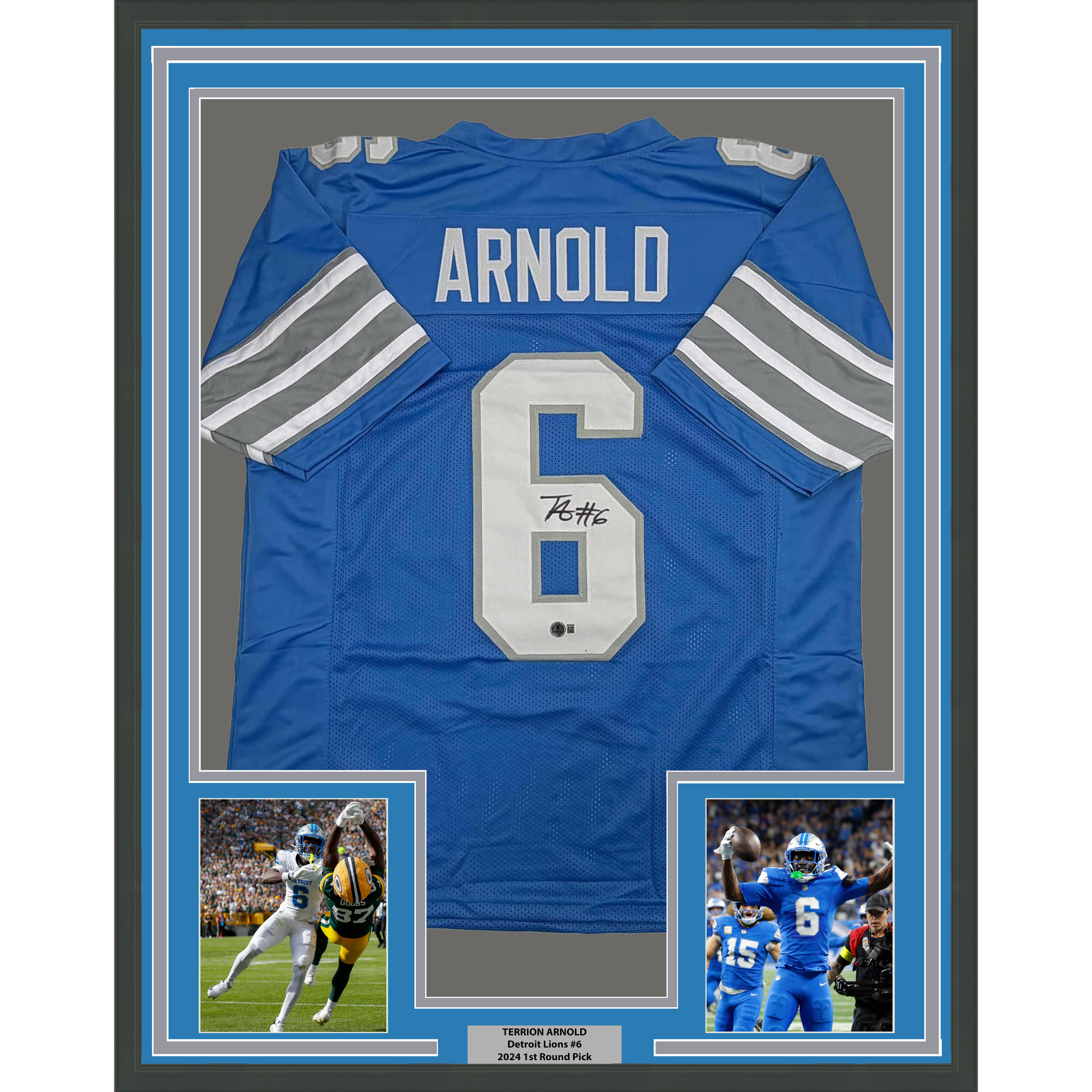 Framed Autographed/Signed Terrion Arnold 35x39 Detroit Blue Football Jersey Beckett BAS COA