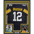 Framed Autographed/Signed Terry Bradshaw 35x39 Pittsburgh Black Football Jersey Beckett BAS COA