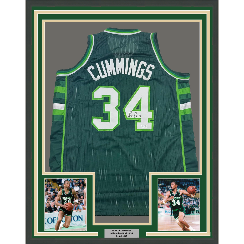 Framed Autographed/Signed Terry Cummings 35x39 Milwaukee Green Basketball Jersey Beckett BAS COA