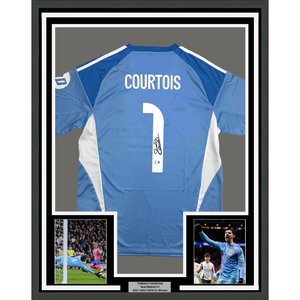 Framed Autographed/Signed Thibaut Courtois 35x39 Real Madrid Blue Soccer Jersey Beckett BAS COA
