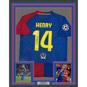 Framed Autographed/Signed Thierry Henry 35x39 FC Barcelona Blue Soccer Jersey Beckett BAS COA