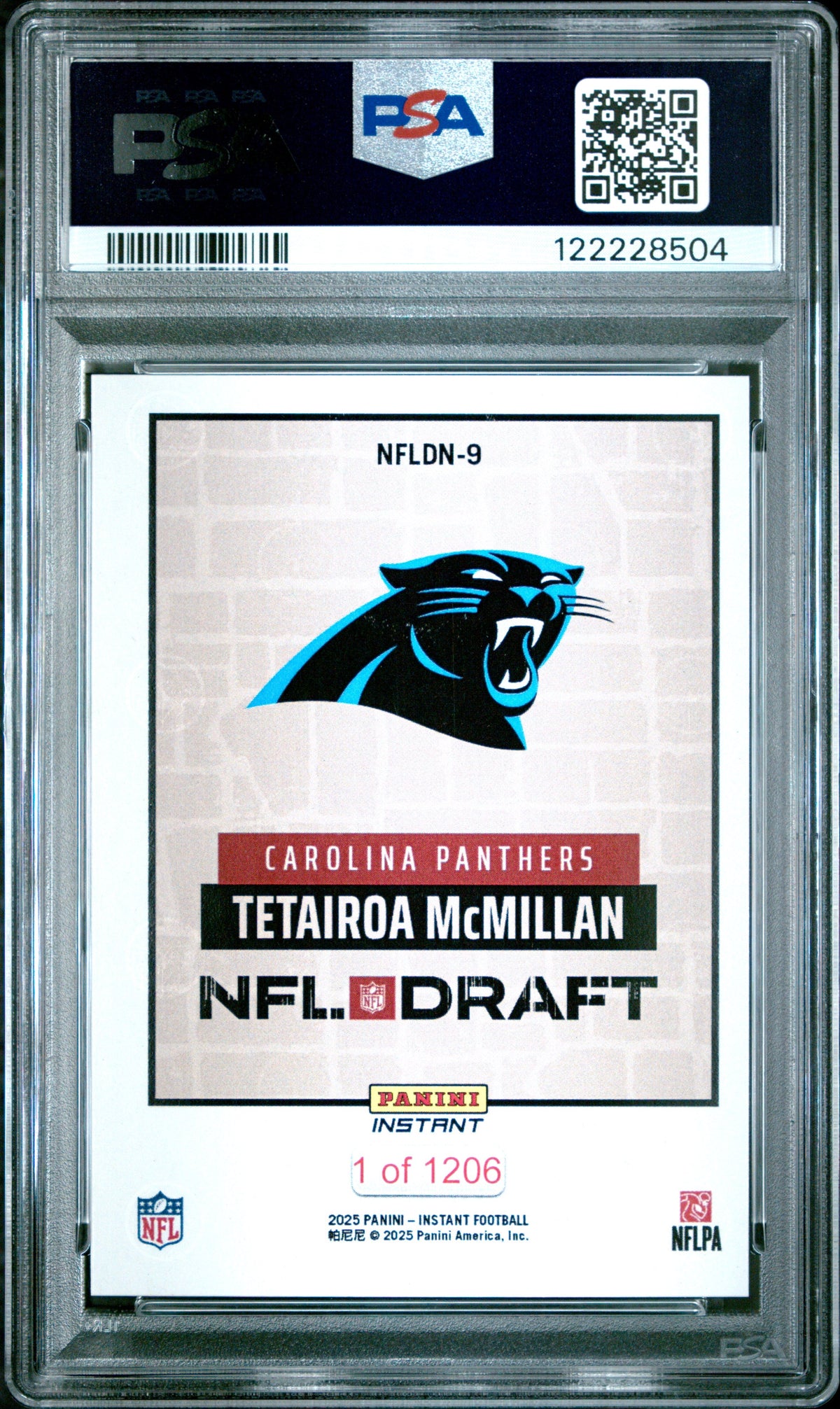Graded 2025 Panini Instant Tetairoa McMillan #NFLDN9 NFL Draft Night Rookie RC Football Card PSA 8 Near Mint
