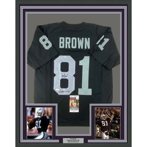 Framed Autographed/Signed Tim Brown 35x39 Raider 4 Life Oakland Black Football Jersey JSA COA
