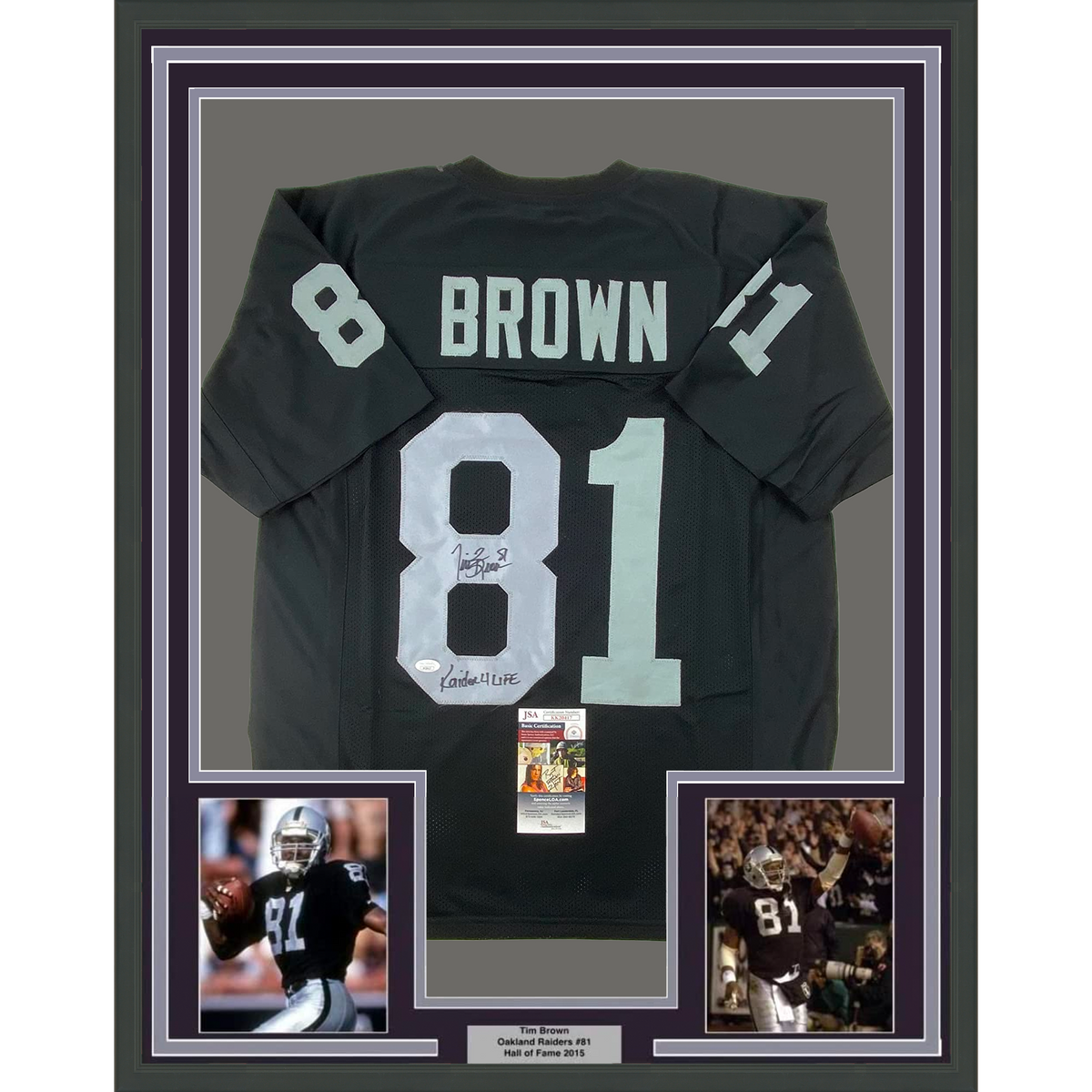Framed Autographed/Signed Tim Brown 35x39 Raider 4 Life Oakland Black Football Jersey JSA COA