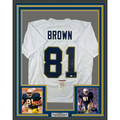 Framed Autographed/Signed Tim Brown 35x39 Notre Dame White College Football Jersey JSA COA