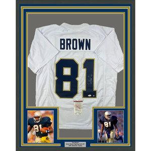 Framed Autographed/Signed Tim Brown 35x39 Notre Dame White College Football Jersey JSA COA