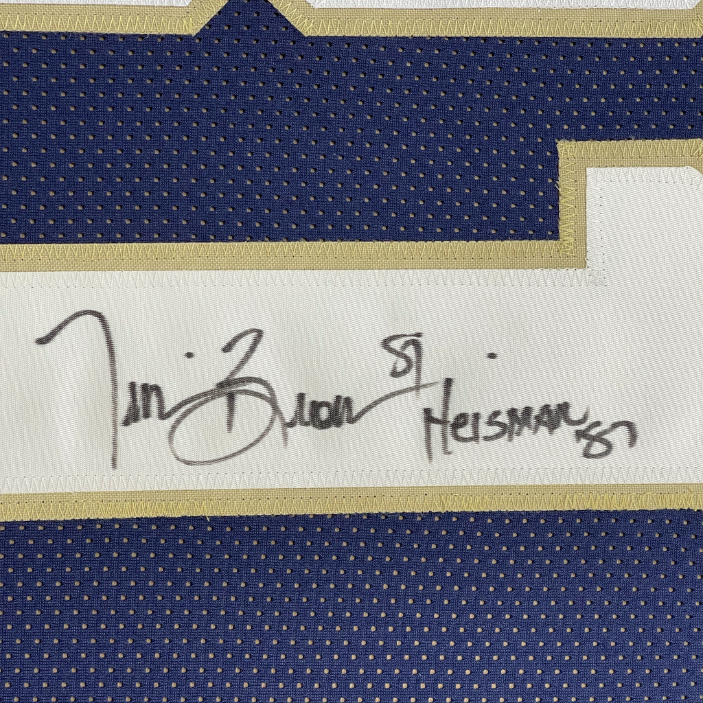 Framed Autographed/Signed Tim Brown 35x39 Heisman 87 Notre Dame Blue College Football Jersey Beckett BAS COA