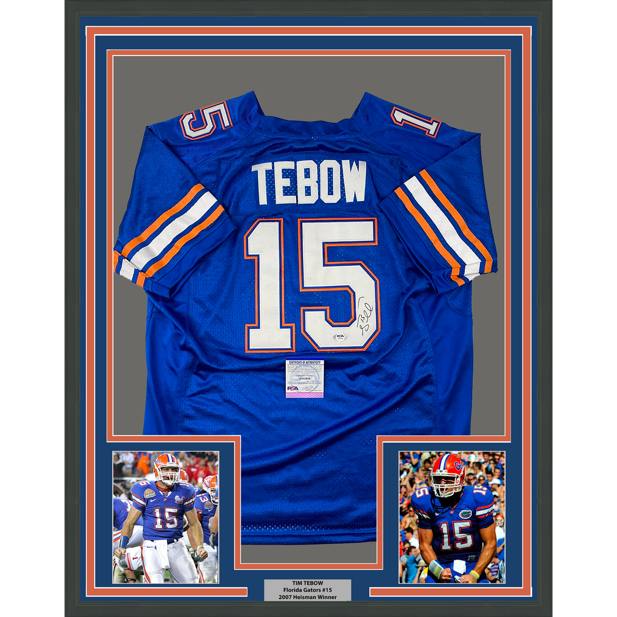 Framed Autographed/Signed Tim Tebow 35x39 Florida Blue College Football Jersey PSA/DNA COA