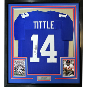 Framed Autographed/Signed YA Y.A. Tittle HOF 71 35x39 New York Blue Football Jersey JSA COA
