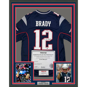 Framed Autographed/Signed Tom Brady "5x SB Champ" 35x39 New England Patriots Blue Authentic Nike Football Jersey Tristar COA